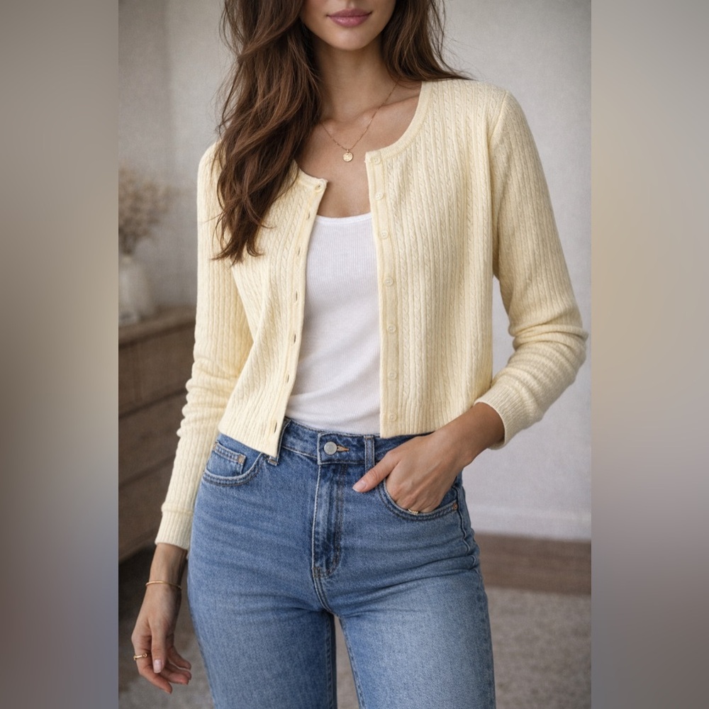 Pastel butter yellow  Ribbed Button-Front Cardigan Sweater